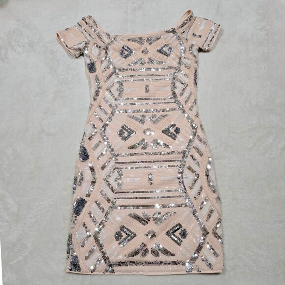 Forever 21 Sequin Bodycon Dress – Off-Shoulder Peach & Silver – Size S – NWOT - Picture 10 of 14